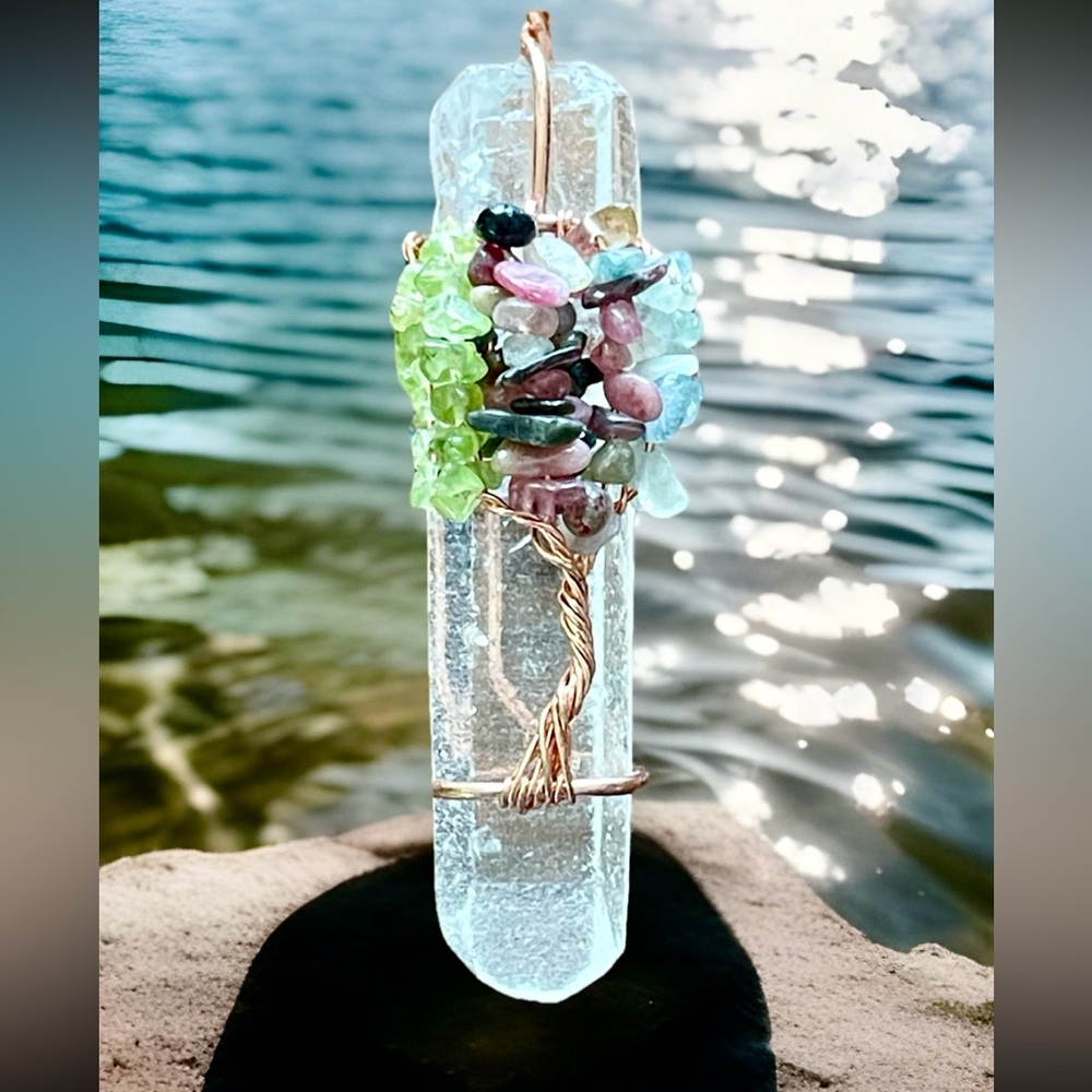 Crystal Pendant Tree of Life Multicolor Chakra Gemstones 2.3/4” Wand Necklace